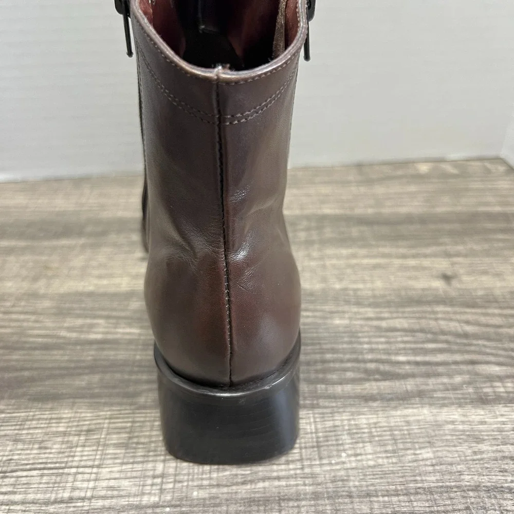 Bruno Valenti Romy Ankle Boot 8.5 Brown Leather Square Toe‎ Block Heel Zippers